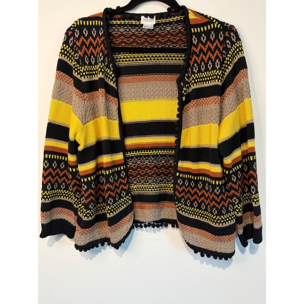 Together Women Multi Color Geometric Fair Isle Pom Pom Open Front Cardigan 10